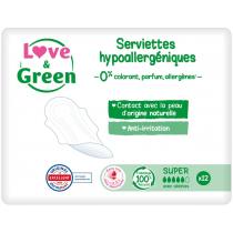 Love & Green - 12 Serviettes super hypoallergéniques 0% ultra, avec ailettes