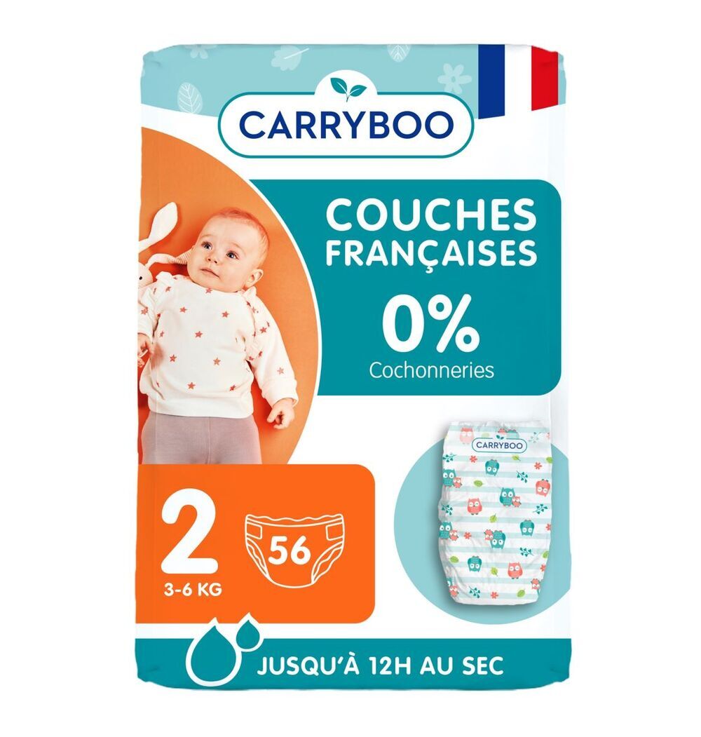 Carryboo - Pack 6x56 Couches T2 (3-6kg) Dermo-Sensitives à Motifs Carryboo - Pack 6x56 Couches T2 (3-6kg) Dermo-Sensitives à Motifs