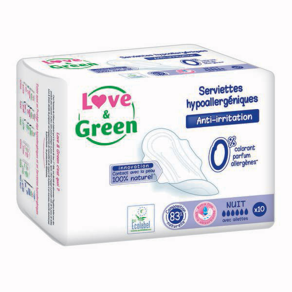 Love & Green - 10 Serviettes nuit hypoallergéniques 0% ultra, avec ailettes