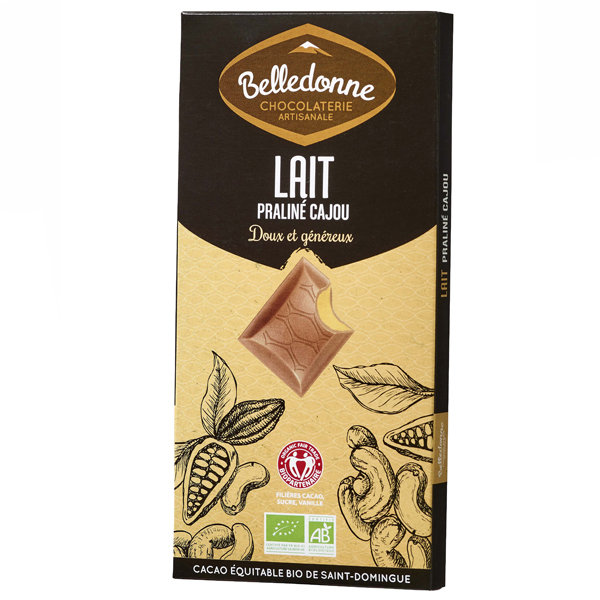 Belledonne - Tablette chocolat lait fourré praliné noix de cajou 100g