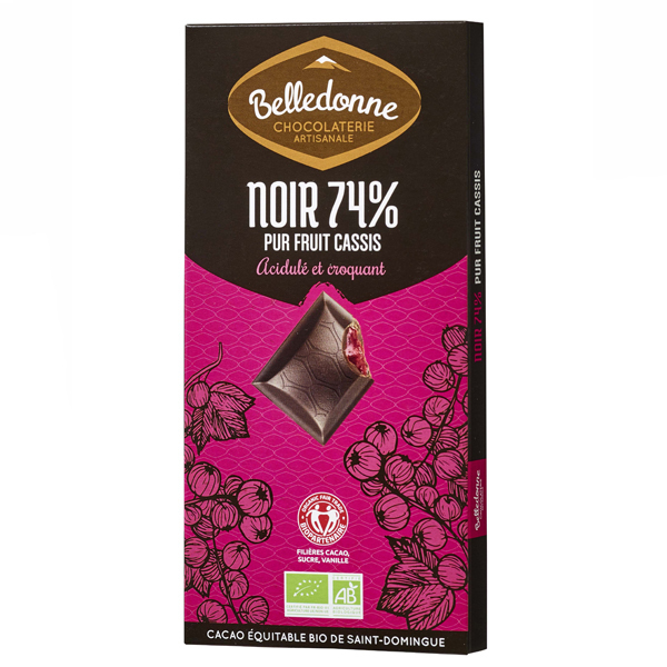 Belledonne - Tablette chocolat noir 74% fourrée cassis 100g