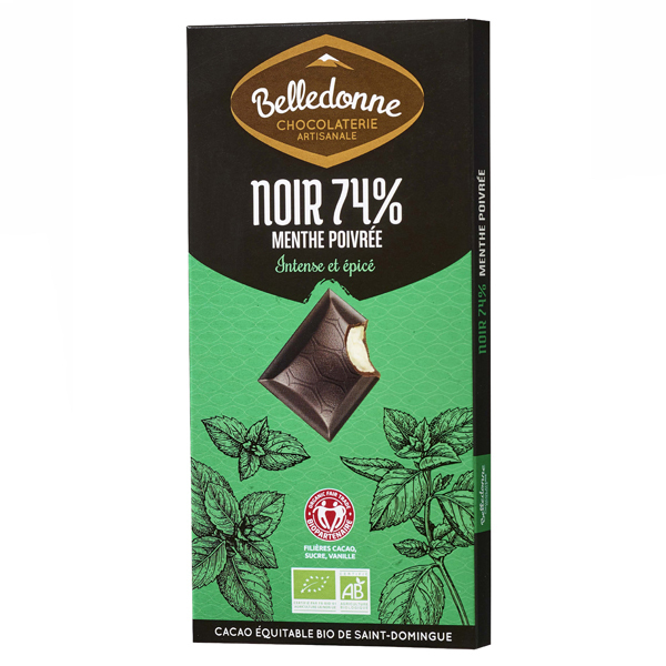 Belledonne - Tablette chocolat noir 74% fourrée menthe poivrée 100g