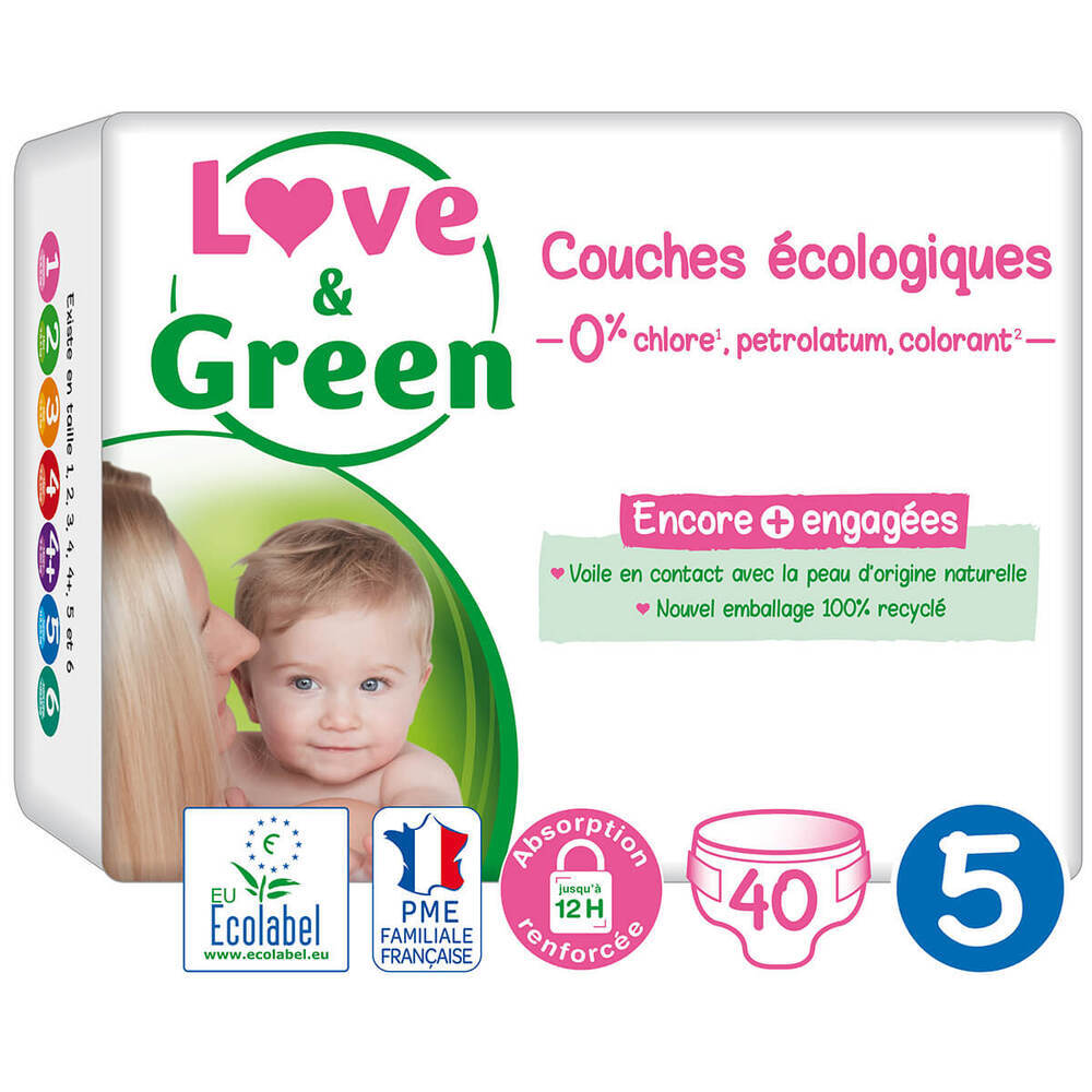 Love & Green - 40 Couches hypoallergéniques Jumbo - T5, 12-25Kg