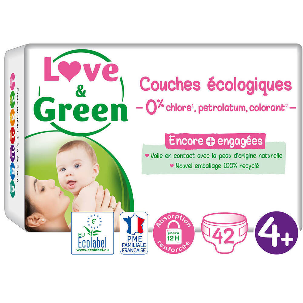 Love & Green - 42 Couches hypoallergéniques Jumbo - T4+, 9-20Kg