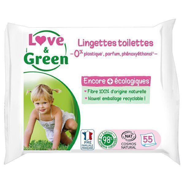 Love & Green - 55 Lingettes désintégrables au wc - Sans parfum