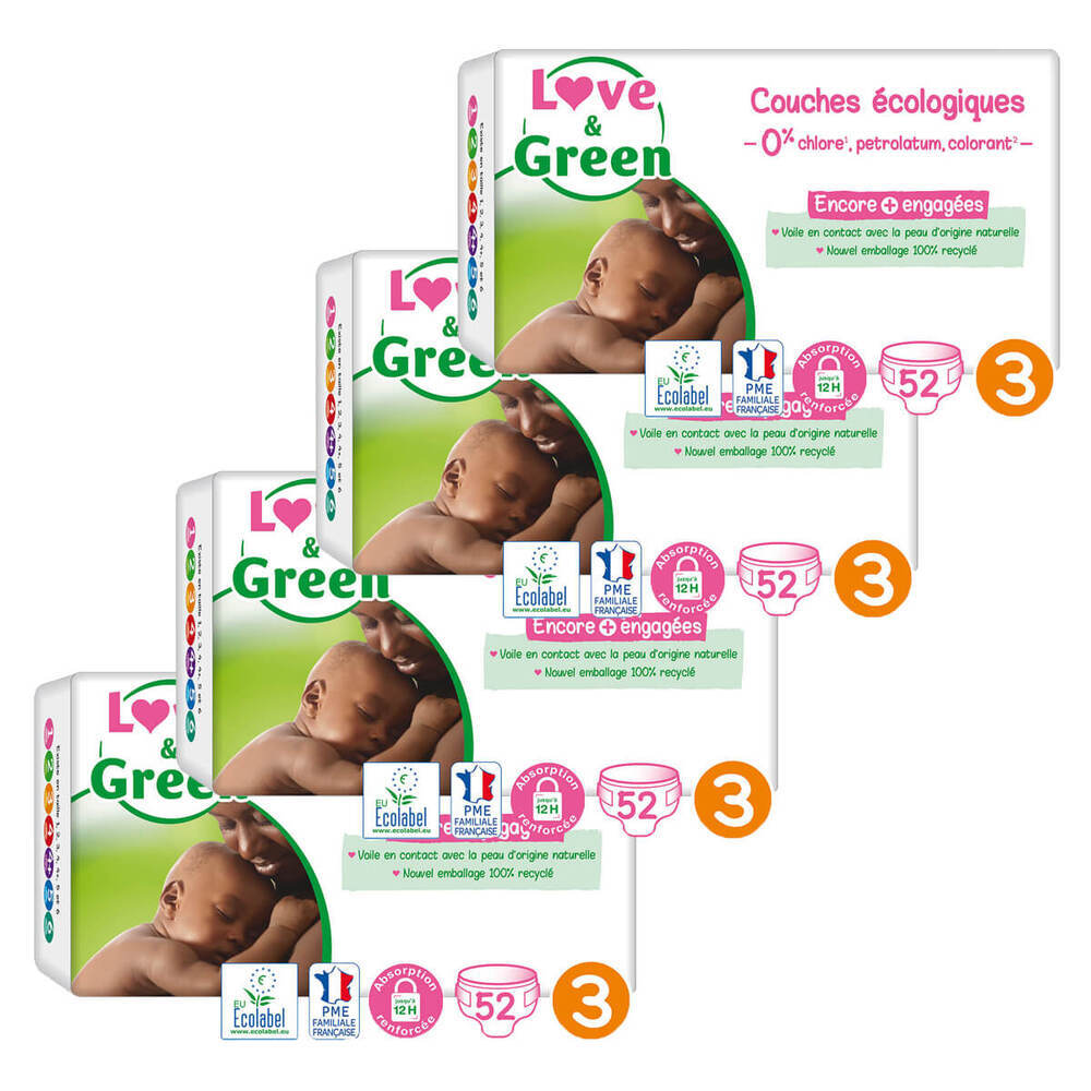 Love & Green - Pack 4x52 Couches hypoallergéniques Jumbo - T3, 4-9Kg
