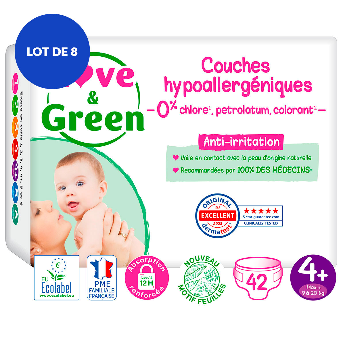 Love & Green - Pack 8x42 Couches hypoallergéniques Jumbo - T4+, 9-20Kg Love & Green - Pack 8x42 Couches hypoallergéniques Jumbo - T4+, 9-20Kg