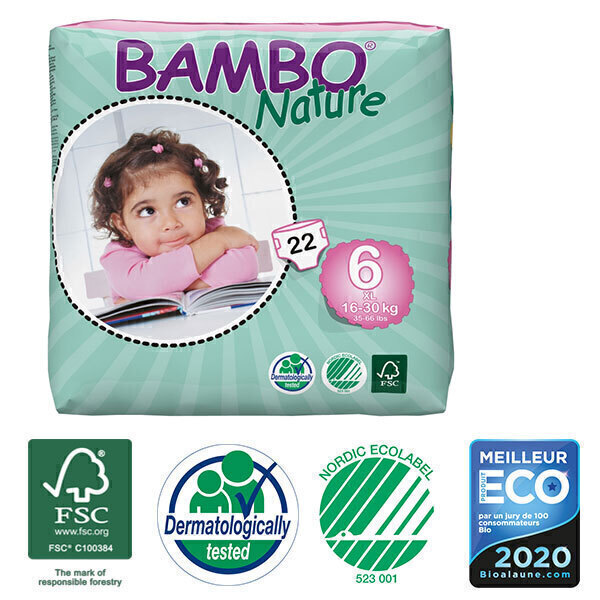 Bambo Nature - Pack 3 paquets 22 couches jetables T6 XL 16-30 Kg Bambo Nature - Pack 3 paquets 22 couches jetables T6 XL 16-30 Kg