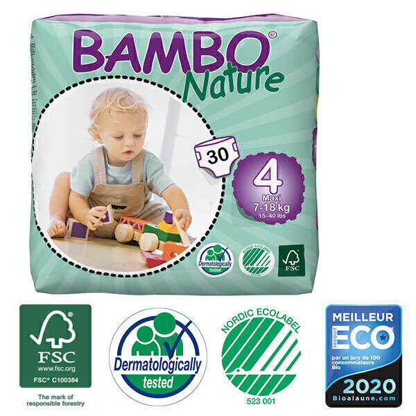 Bambo Nature - Pack 3 paquets 30 couches jetables T4 Maxi 7-18 Kg Bambo Nature - Pack 3 paquets 30 couches jetables T4 Maxi 7-18 Kg