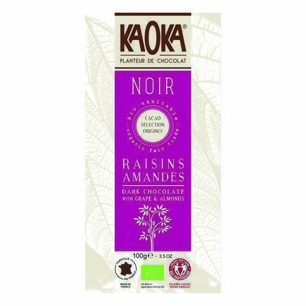 Kaoka - Tablette chocolat noir Raisins amandes 66% 100g