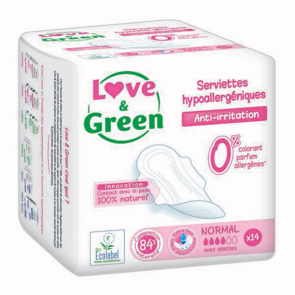 Love & Green - Pack 3x14 Serviettes normales hypoallergéniques 0% ultra, avec