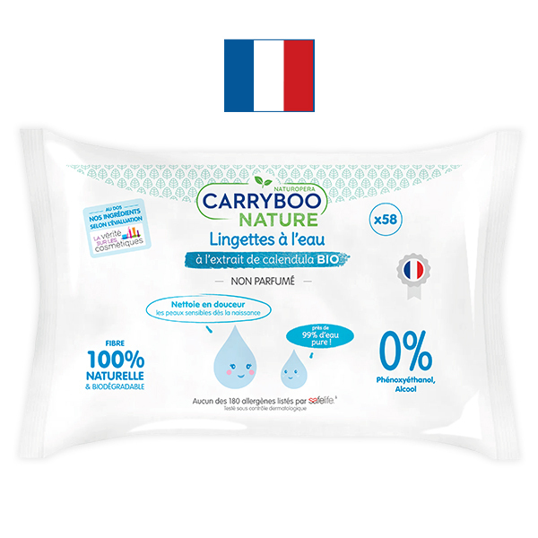 Carryboo - 3x58 Lingettes Eau Sans Parfum, Extrait de Calendula BIO
