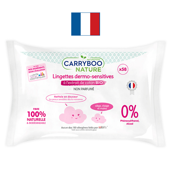 Carryboo - 3x58 Lingettes Sans Parfum, Extrait de Coton BIO Carryboo - 3x58 Lingettes Sans Parfum, Extrait de Coton BIO