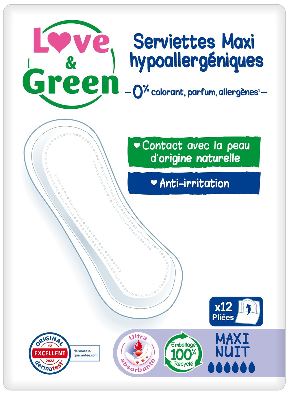 Love & Green - Pack 3x12 Serviettes hypoallergéniques maxi nuit, sans ailettes