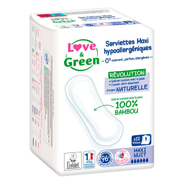 Love & Green - Serviettes Maxi nuit hypoallergéniques pliées x12