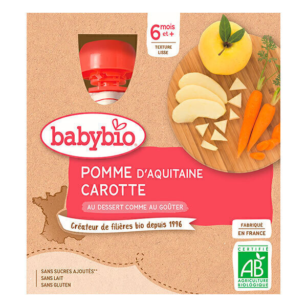 Babybio - Gourde pomme d'Aquitaine & carotte dès 6 mois - 4x90g Babybio - Gourde pomme d'Aquitaine & carotte dès 6 mois - 4x90g