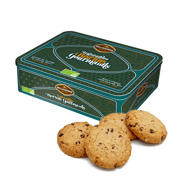 Belledonne - Boite métal Cookie vegan chocolat, noisettes et amandes 350g Belledonne - Boite métal Cookie vegan chocolat, noisettes et amandes 350g