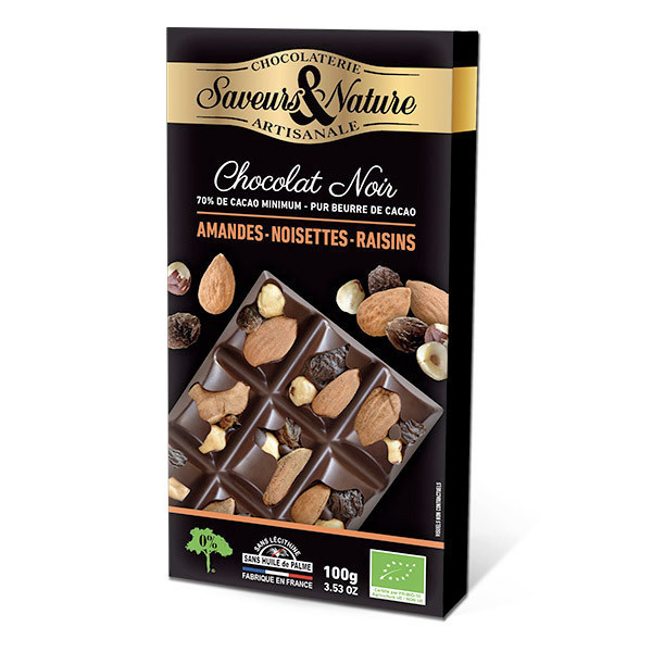 Saveurs & Nature - Tablette chocolat noir 70% noisettes, amandes, raisins secs 100g