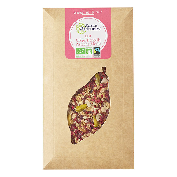 Saveurs Attitudes - Tablette chocolat lait Crêpe dentelle Pistache et Airelle 100g Saveurs Attitudes - Tablette chocolat lait Crêpe dentelle Pistache et Airelle 100g