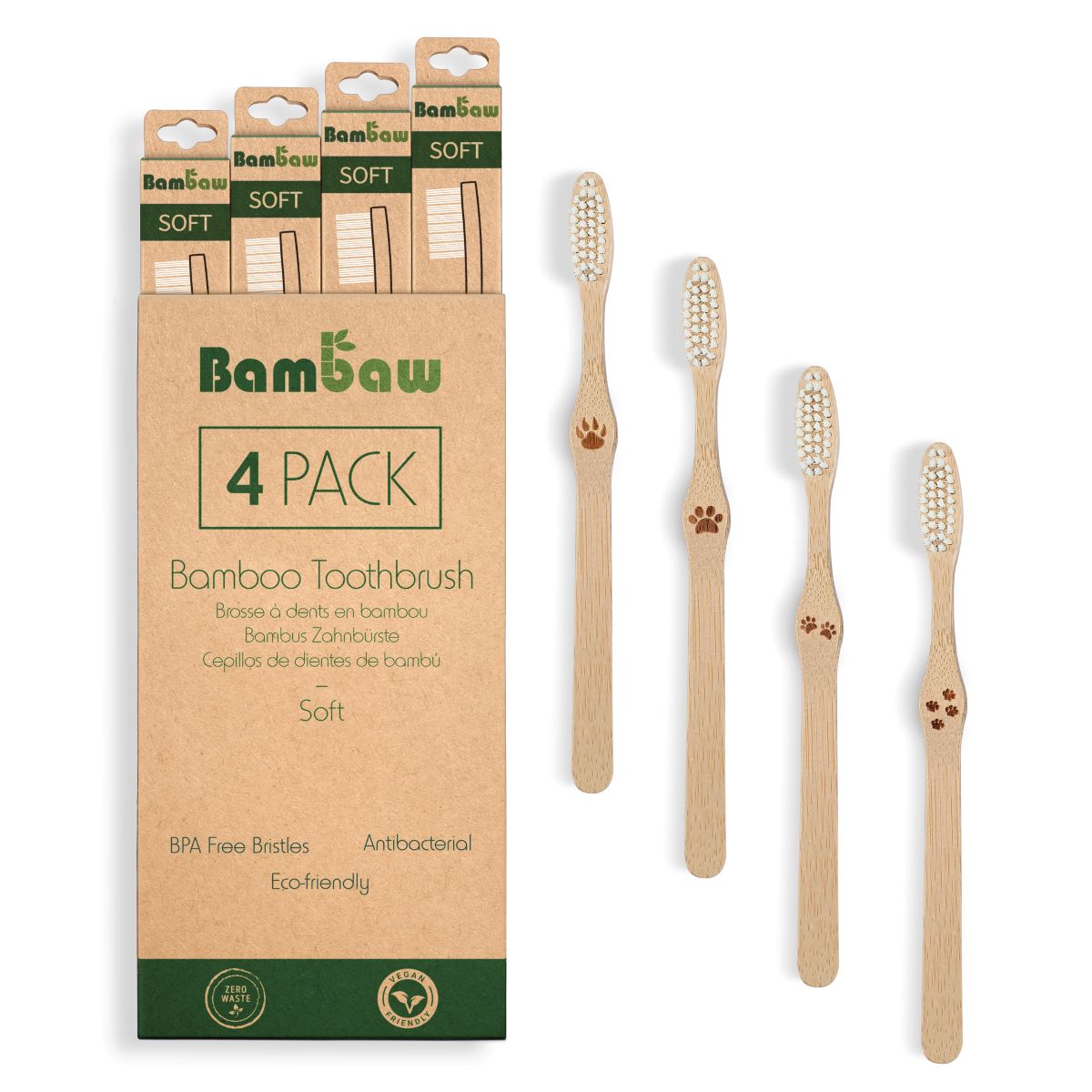 Bambaw - Pack de 4 brosses à dents en bambou Souple Bambaw - Pack de 4 brosses à dents en bambou Souple