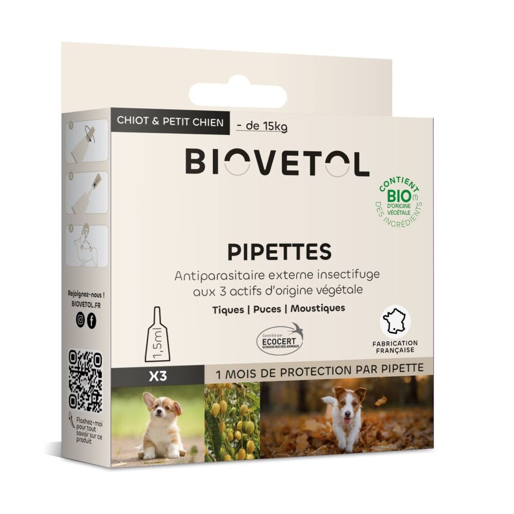 Biovetol - Etui 3 pipettes antiparasitaires chiot et petit chien Bio 1,5ml