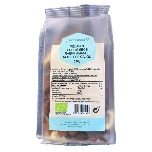 Greenweez - Mélange fruits secs raisin cajou amande noisette bio 250g
