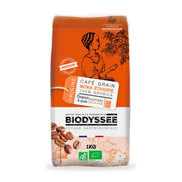 Biodyssée - Café en grains Moka d'Ethiopie - Charpenté et fruité 1KG