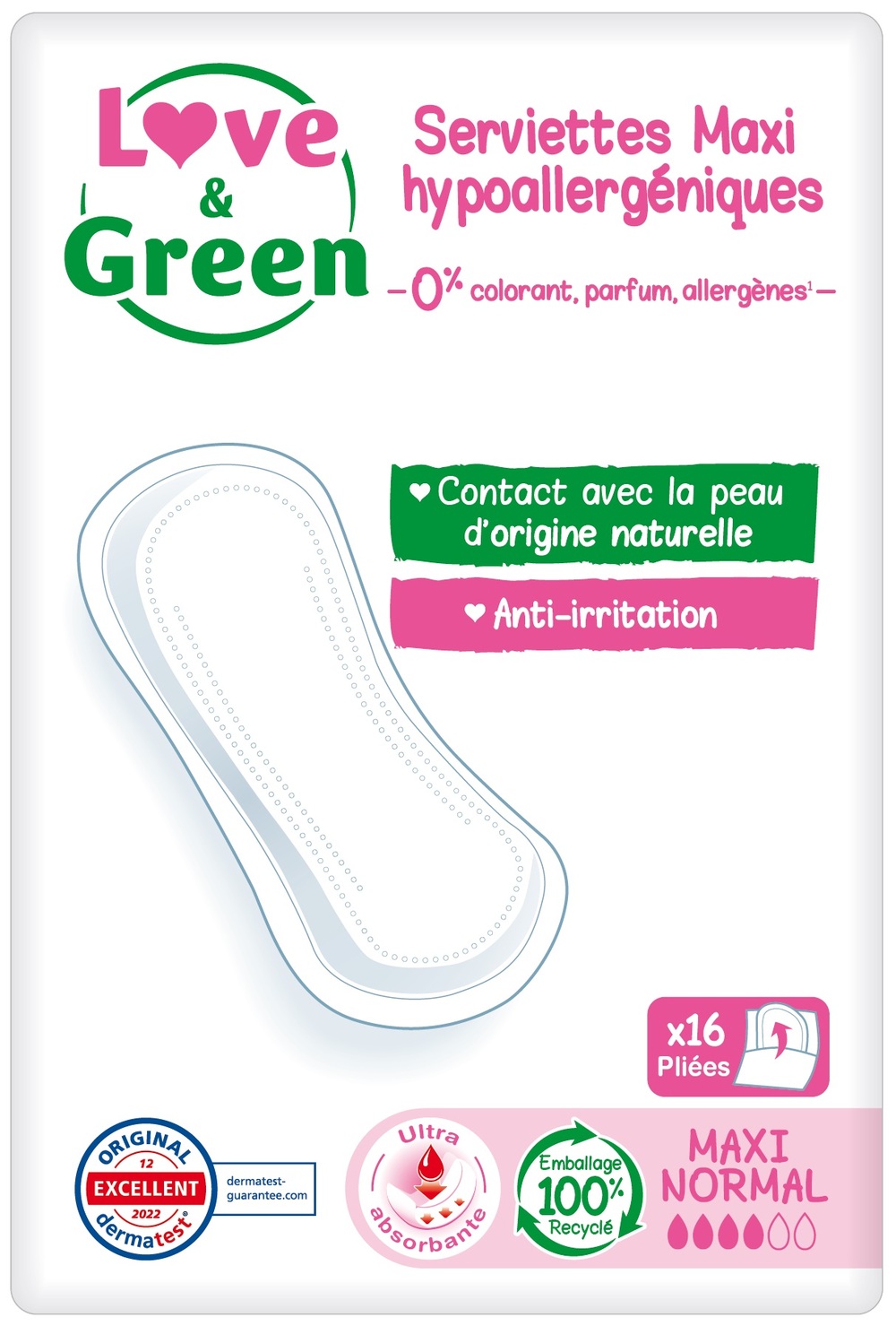 Love & Green - Serviettes hypoallergéniques maxi normal x16, sans ailettes