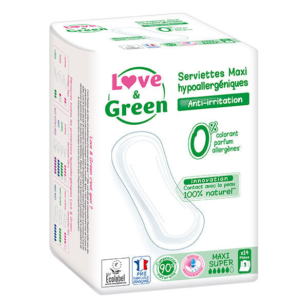 Love & Green - Serviettes hypoallergéniques maxi super x14, sans ailettes Love & Green - Serviettes hypoallergéniques maxi super x14, sans ailettes