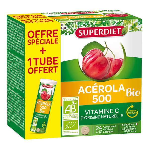 SUPERDIET - Acérola 500 bio 24 comprimés + 1 tube offert