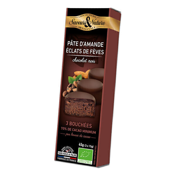 Saveurs & Nature - Bouchées chocolat noir 70% - pâte d'amande & fèves 45g