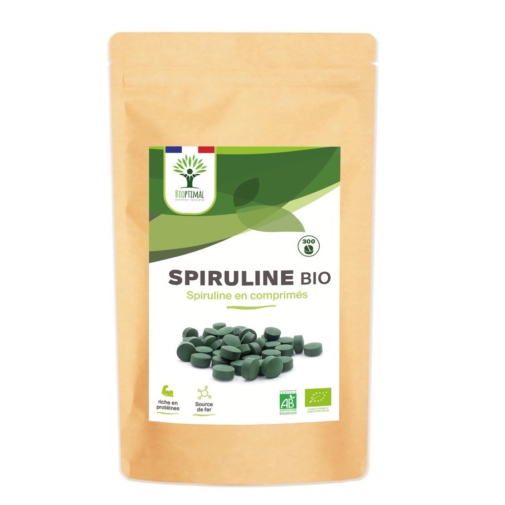 Bioptimal - Spiruline Bio - 300 Comprimés - Fer Protéines Phycocyanine BCAA