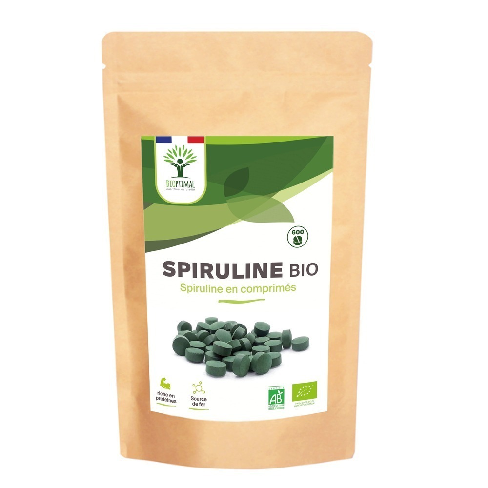 Bioptimal - Spiruline Bio - 600 Comprimés - Fer Protéines Phycocyanine BCAA
