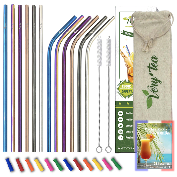 VeryTea - 12 Pailles Multicolores reutilisables + Embouts Silicone + Ebook