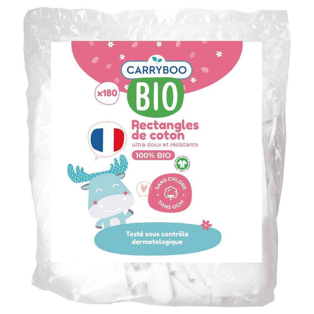 Carryboo Family Pads Lot de 3 Packs de 180 Pads Sans Chlore 100% Coton Bio Rectangles de Coton Bio Certifié Gots Fabriqué en France Fibre 100% Naturelle