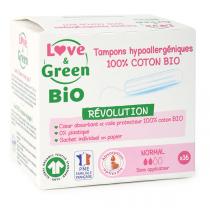 Love & Green - 16 Tampons en coton bio sans applicateur, Normal