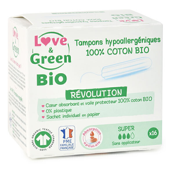 Love & Green - 16 Tampons en coton bio sans applicateur, Super