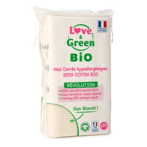Love & Green - 70 maxi carrés de coton bio non blanchi
