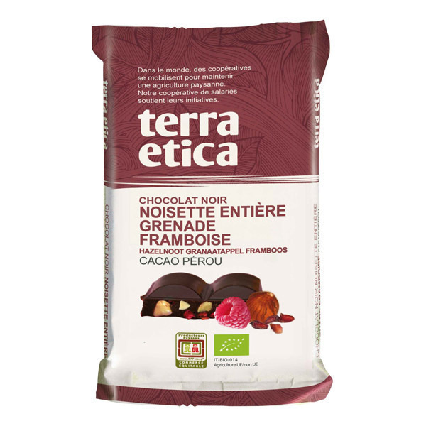 Terra Etica - Chocolat noir, noisettes, grenade et framboise 100g Terra Etica - Chocolat noir, noisettes, grenade et framboise 100g