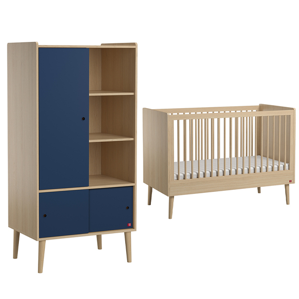 Lit Bebe 60x1 Et Armoire 1 Porte Retro Bois Bleu Vox