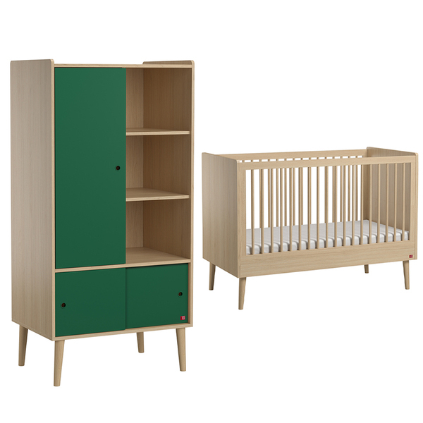 Lit Bebe 60x1 Et Armoire 1 Porte Retro Bois Vert Vox