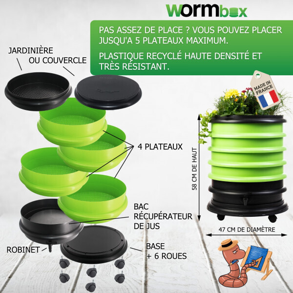 Recyclez Vos déchets organiques en Engrais pour Vos Plantes 72 litres Lombricomposteur WormBox 4 Plateaux Noir et jardinière 