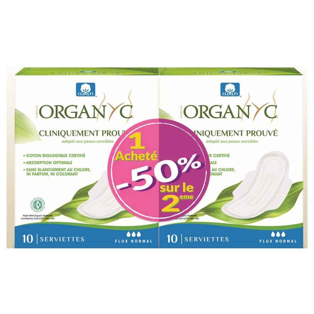 Organyc - Lot 2 boîtes de serviettes ultra fines normales à ailettes x10 Organyc - Lot 2 boîtes de serviettes ultra fines normales à ailettes x10