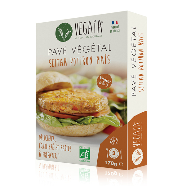 Vegaïa - Pavé / steak végétal SEITAN POTIRON MAIS 2pce 170g Vegaïa - Pavé / steak végétal SEITAN POTIRON MAIS 2pce 170g