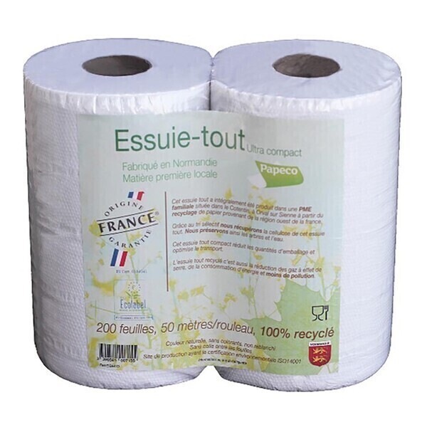 PAPECO - Essuie-tout blanc 100% recyclé 200 feuilles x2 Ecolabel