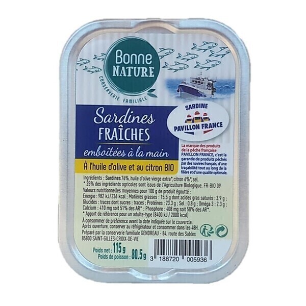Bonne Nature - Sardines emboîtées à la main - huile d'olive et citron bio 115g