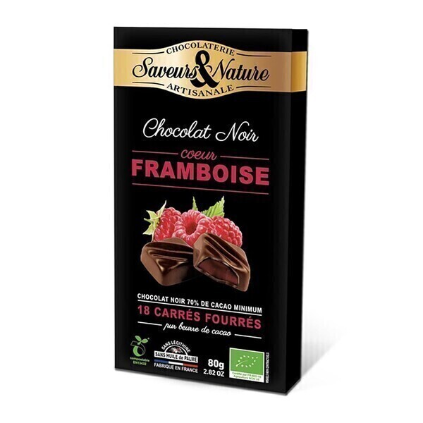 Saveurs & Nature - Carrés de chocolat noir fourrés framboise x18 - 80g bio Saveurs & Nature - Carrés de chocolat noir fourrés framboise x18 - 80g bio