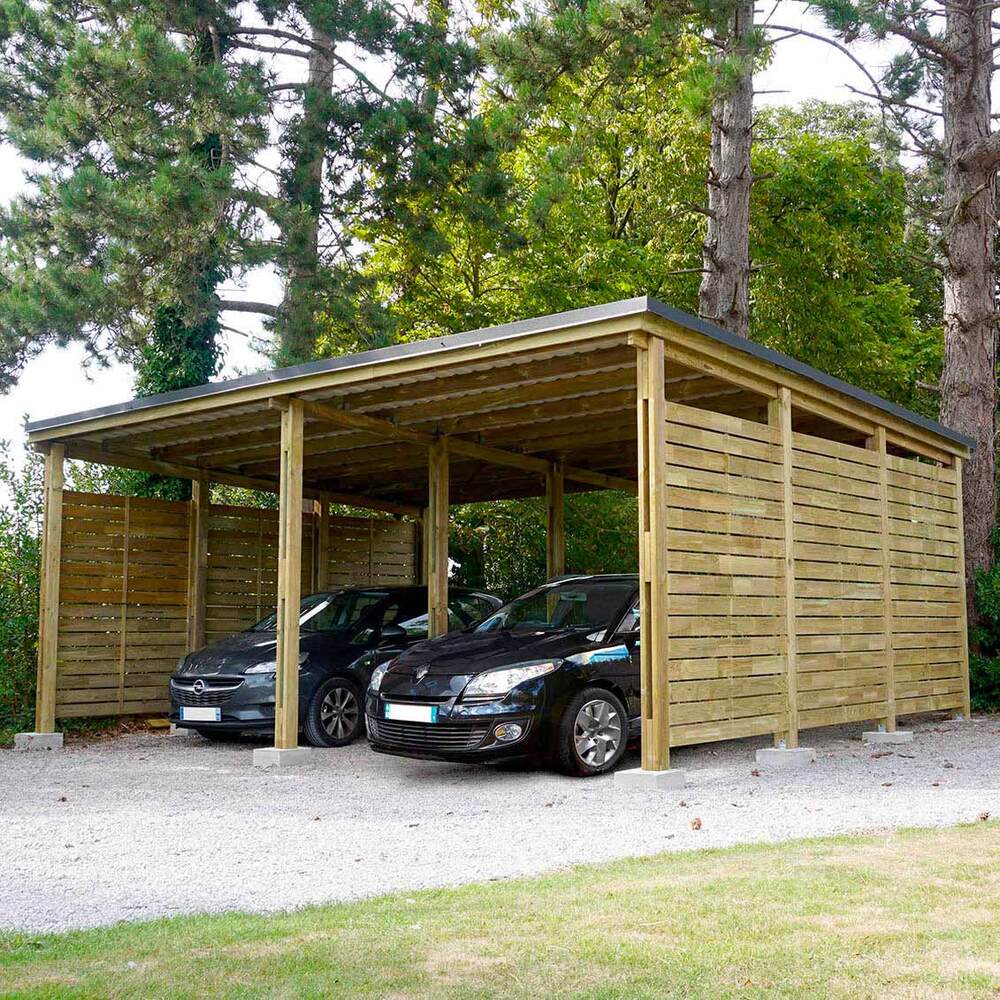FOREST STYLE - Carport bois traité PREMIUM avec panneaux latéraux, 2 voitures,