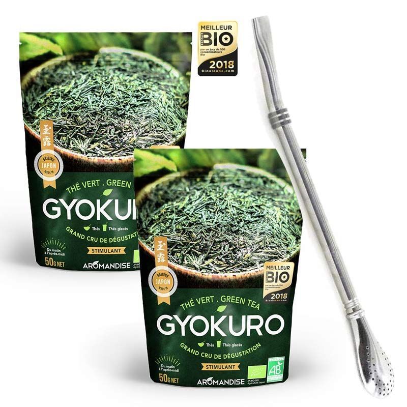 Aromandise - Thé vert Gyokuro 100 g + paille inox avec filtre