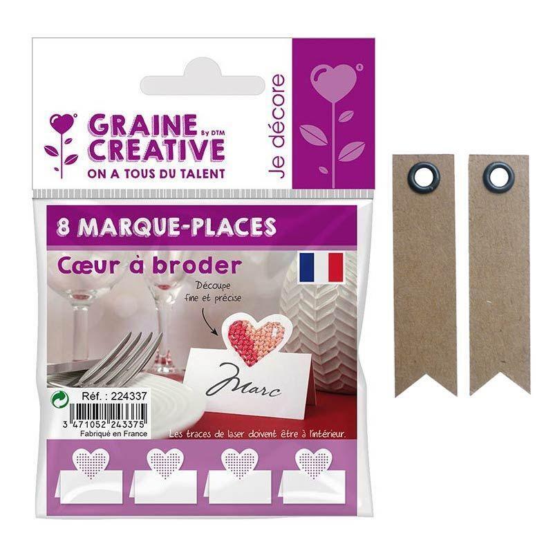 Aromandise - 8 marque-places Coeur à broder + 20 étiquettes kraft Fanion